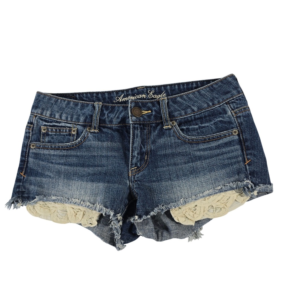 American Eagle Blue Denim Lace Trim Cutoff Shorts Womens Size 0 Low Rise Frayed